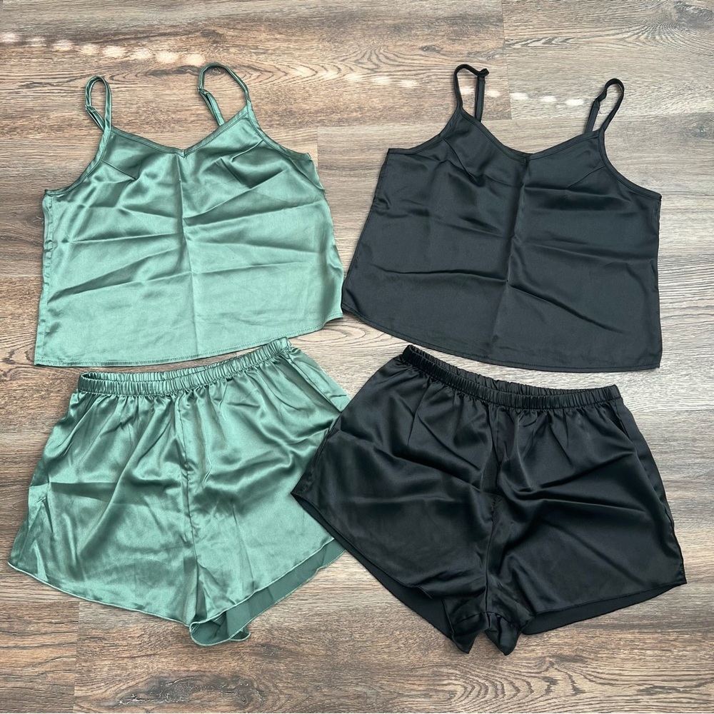 Silky Satin Pajama Sets Bundle – Green & Black Small 2 Piece Cami + Shorts
